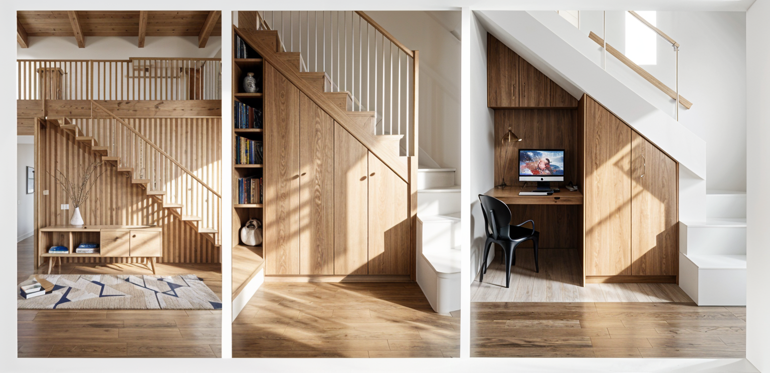 2904 Castro — under-stair storage detail, design-direction render